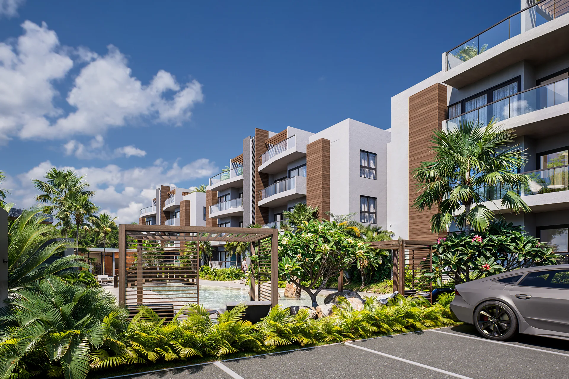 Pool, gardens and pergolas at Brisas Residences