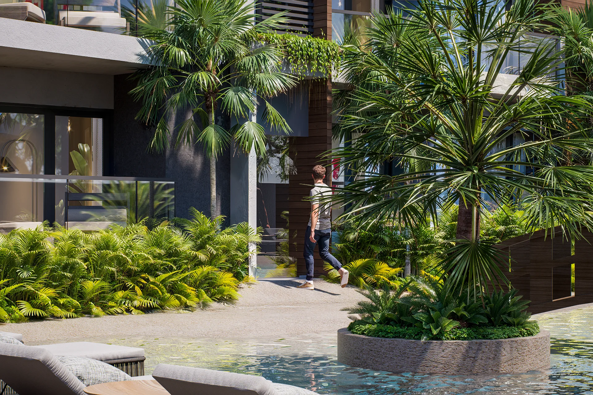 Landscaped walkway beside the Brisas Residences pool