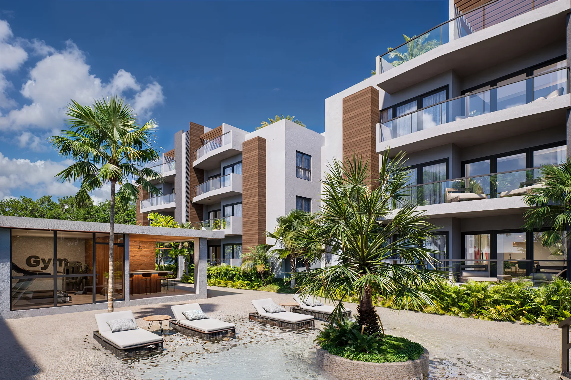 Gym and outdoor social area at Brisas Residences