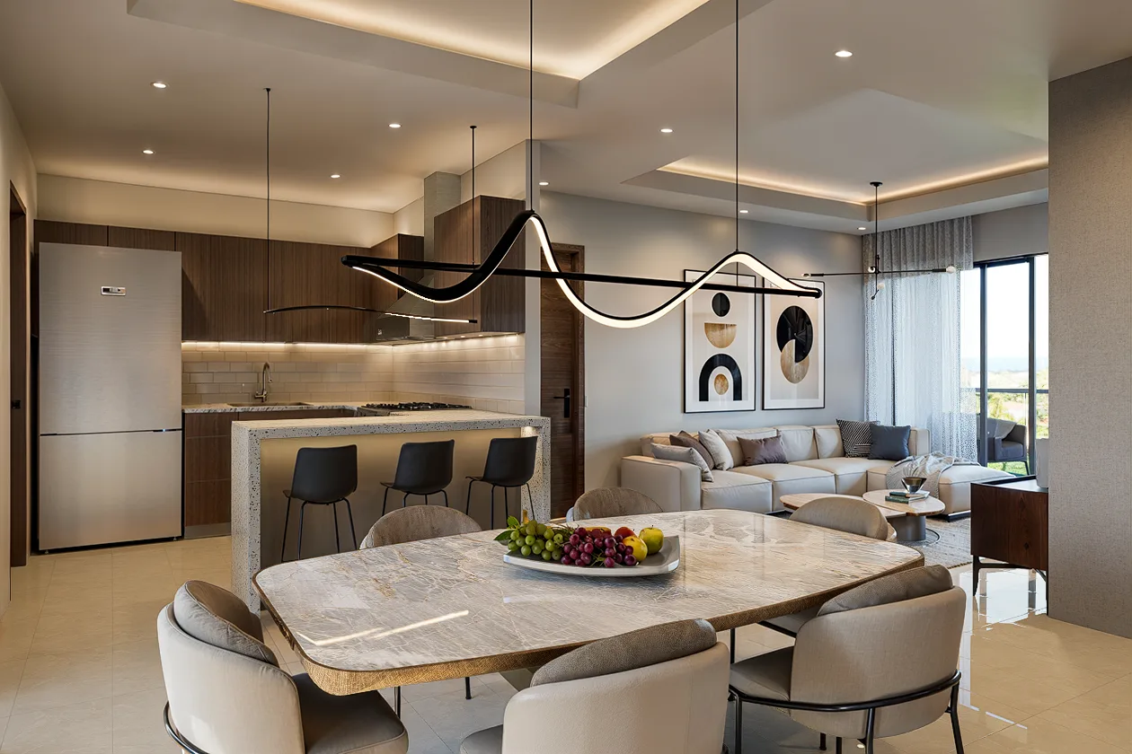 Dining room and kitchen at Brisas Residences