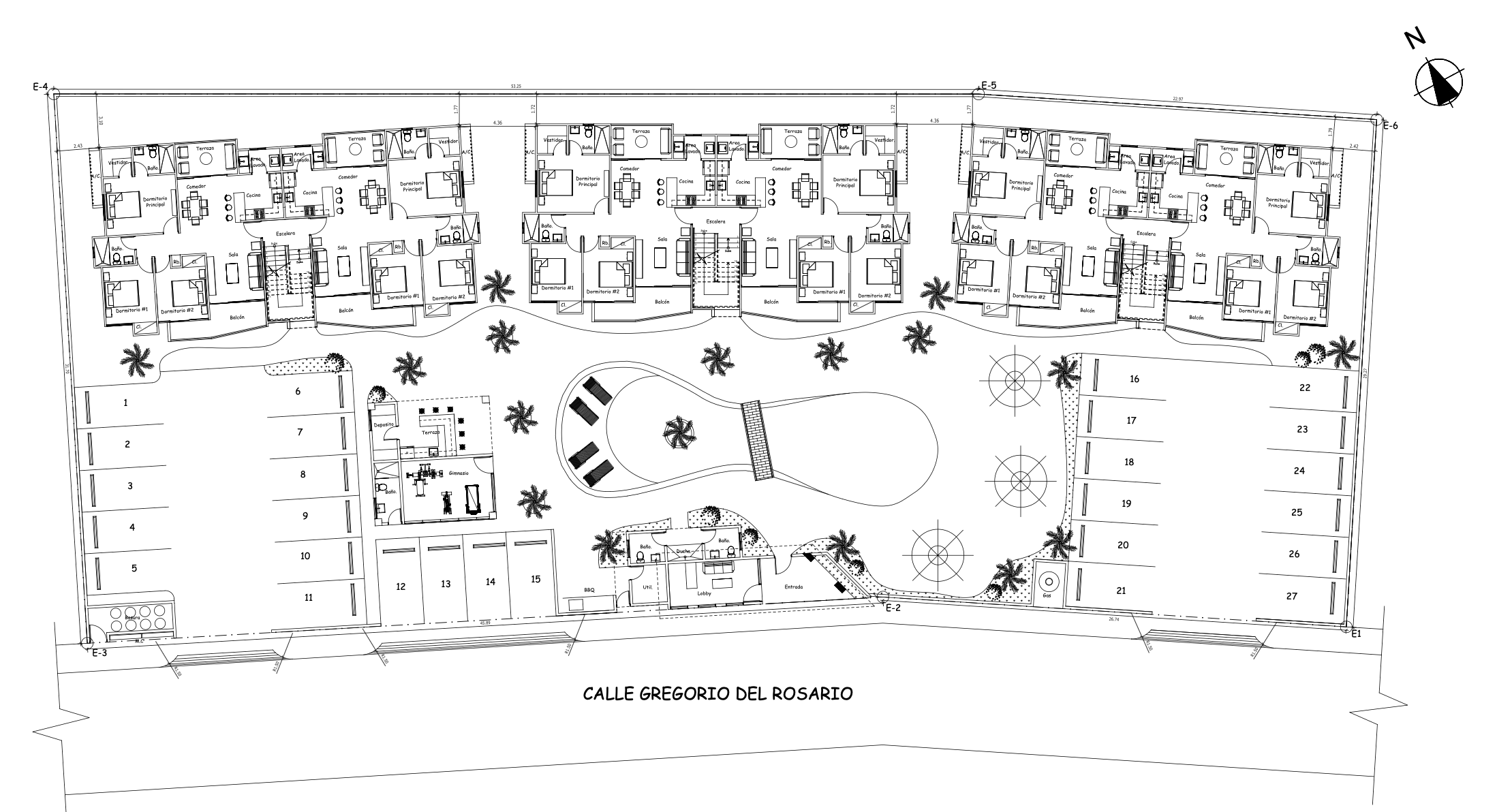 Technical site plan of Brisas Residences showing buildings, pool, common areas and parking