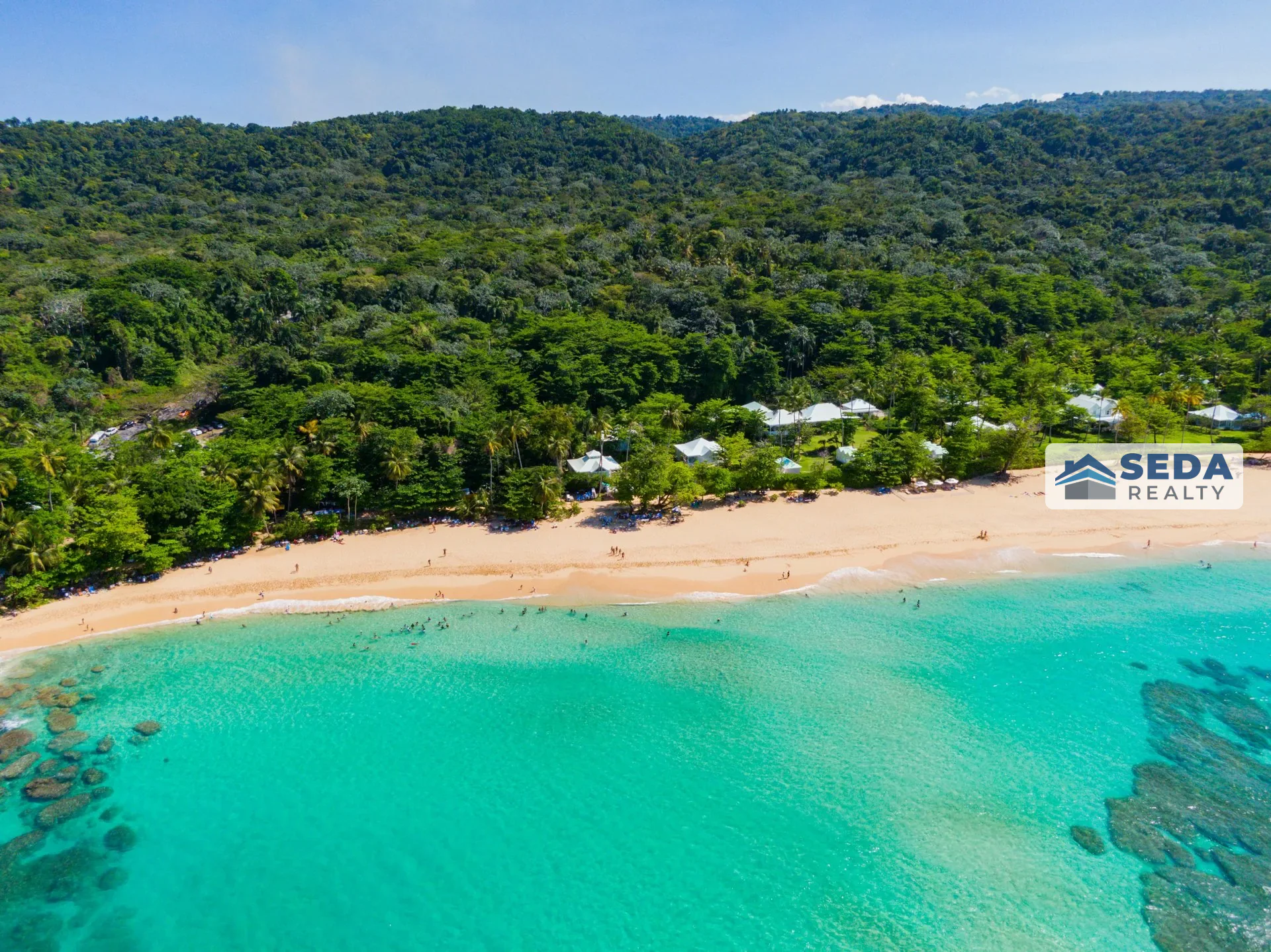 Aerial view of Playa Grande and its turquoise waters near Cabrera